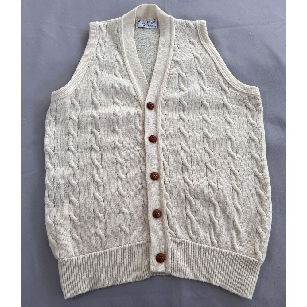 Vintage Heritage Men's Vest Beige Made USA Y2K‎ Sz Medium Cable Knit